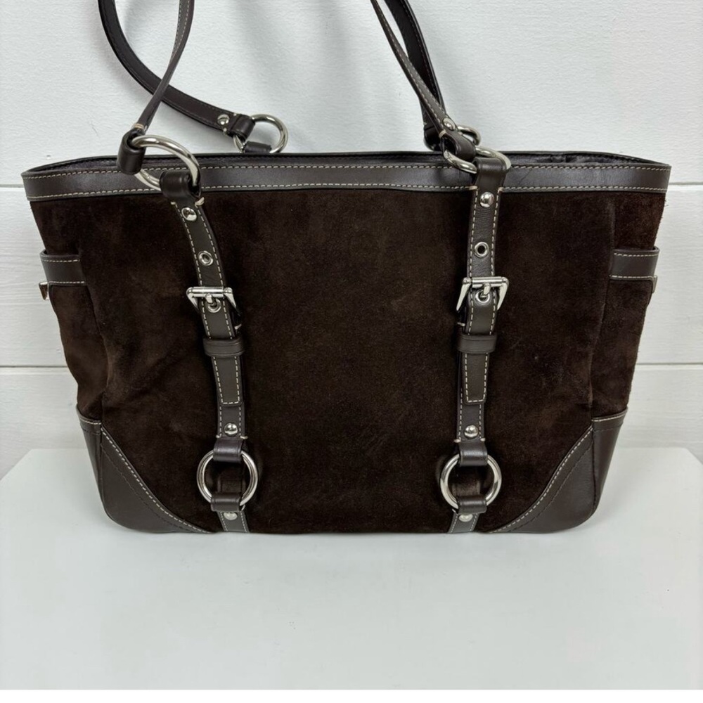 Coach F12836 East West chocolate brown suede tote bag tan lining silver hardware